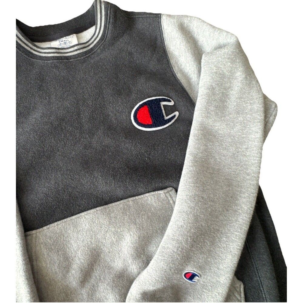 Champion Reverse Weave Crewneck Sweatshirt Small Gray Colorblock Kangaroo Pocket